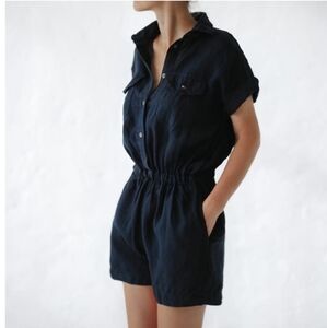 Seaside Tones Navy Blue 100% Linen Shorts Jumpsuit